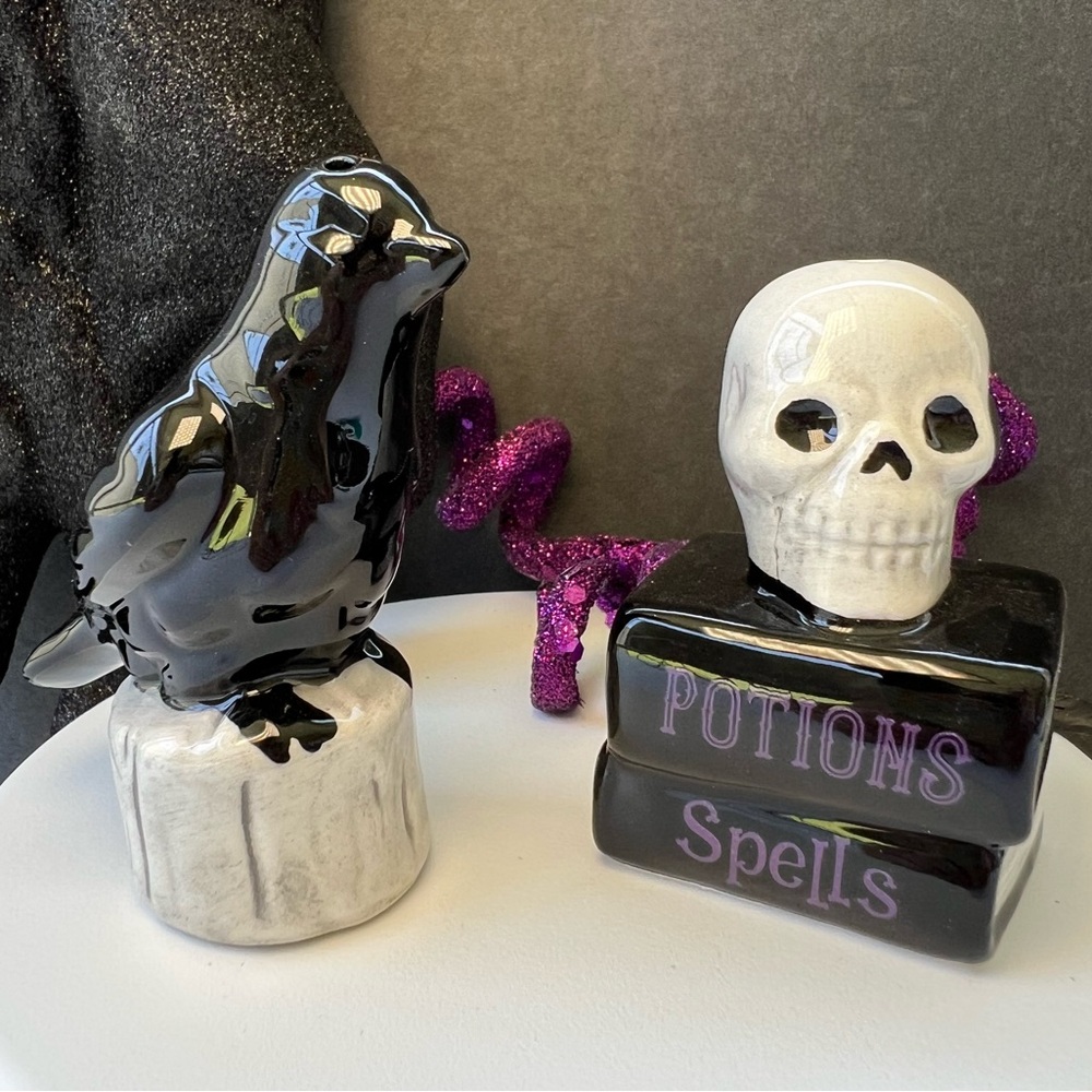 Halloween Ceramic Skull on Spell Books & Crow on Perch Salt & Pepper Shakers
